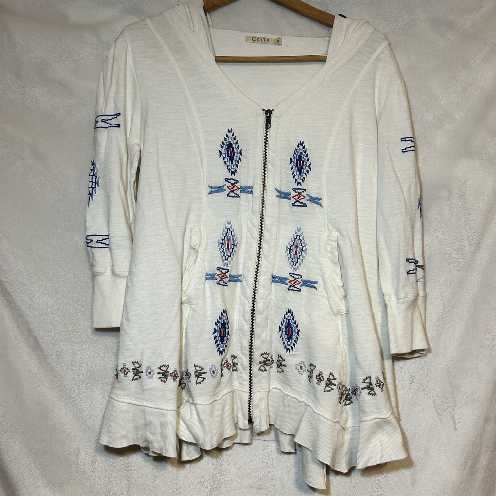 ANTHROPOLOGIE CAITE Women's Boho Embroidered‎ White 3/4 Sleeve Hoodie Top Sz M